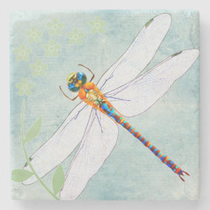 Vintage Dragonfly on Faded Floral Background Stone Coaster