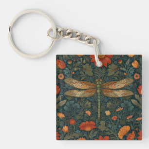 Vintage dragonfly orange floral greenery boho chic key ring