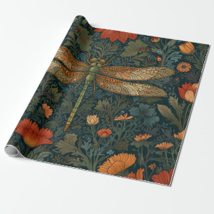 Vintage dragonfly orange floral greenery boho chic wrapping paper
