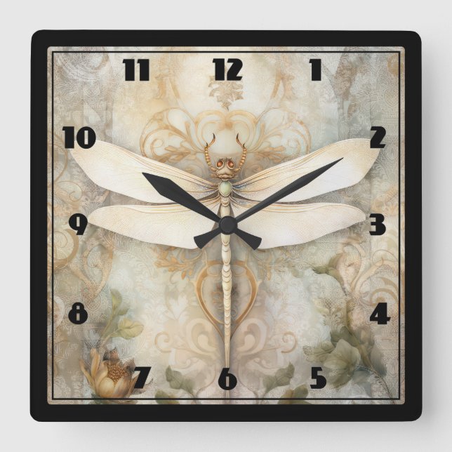 Vintage Dragonfly Square Wall Clock (Front)