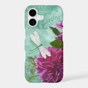 Vintage Dragonfly w Purple Dahlia Painted Flowers