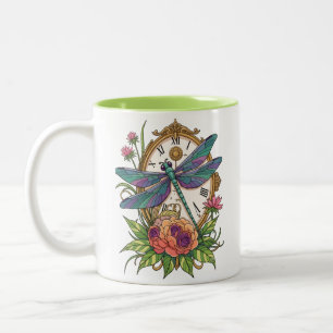 Vintage Dragonfly with Antique Pocket Watch Clock Two-Tone Coffee Mug