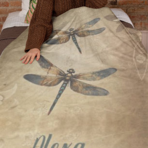Vintage Dragonfly with Custom Name/Monogram Fleece Blanket