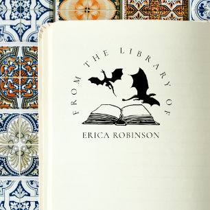 Vintage Dragons Book Custom Name Library Rubber Stamp