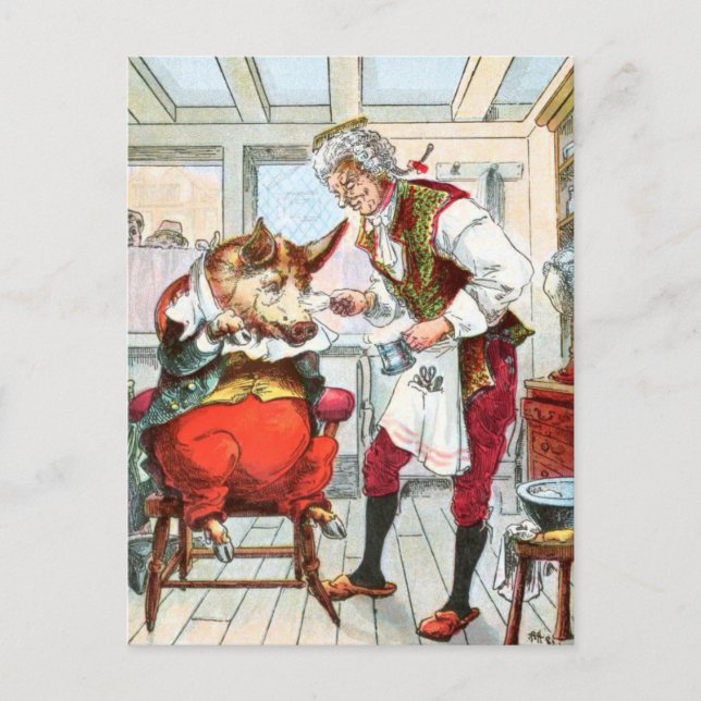 Vintage Drawing: Barber Shave a Pig Postcard (Front)
