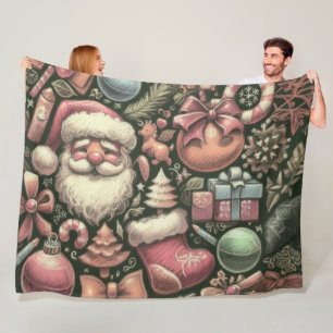 Vintage Drawing Christmas Motifs Green Fleece Blanket