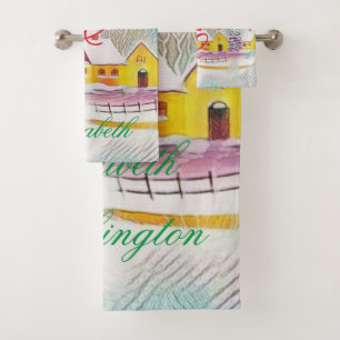 Vintage Drawing Christmas Tree Pink Decorations Bath Towel Set