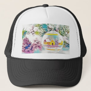 Vintage Drawing Christmas Tree Pink Decorations Trucker Hat