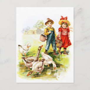Vintage Drawing: Feeding the Geese Postcard