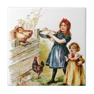 Vintage Drawing: Feeding the Pig Tile
