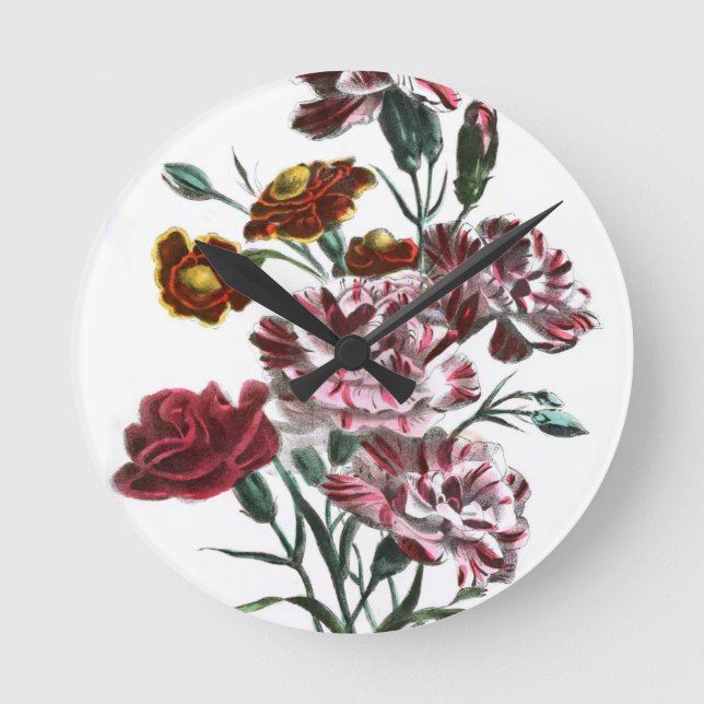 Vintage Drawing: Flemish Pink Flowers Round Clock (Front)