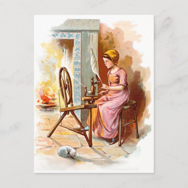 Vintage Drawing: Girl with a Spinning Wheel Postcard (Front)