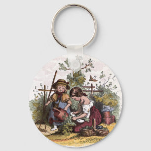 Vintage Drawing: Girls in the Veggie Garden Key Ring