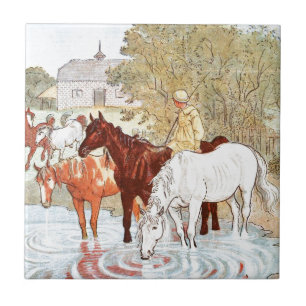 Vintage Drawing: Horses Drinking from a Pond Tile