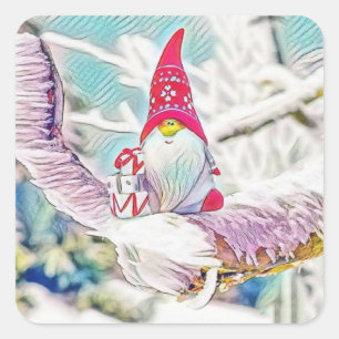 Vintage Drawing of a Gnome on a snowed tree Square Sticker