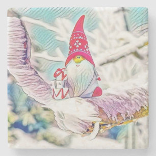 Vintage Drawing of a Gnome on a snowed tree  Stone Coaster