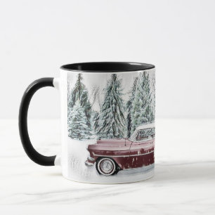 Vintage Drawing of a Red Car and Christmas Trees Mug
