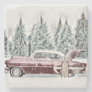 Vintage Drawing of a Red Truck with Christmas Tree Stone Coaster