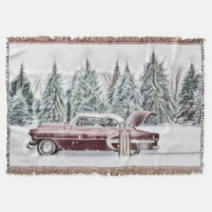 Vintage Drawing of a Red Truck with Christmas Tree Throw Blanket