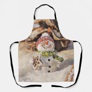 Vintage Drawing of a Snowman in snow watercolor Apron