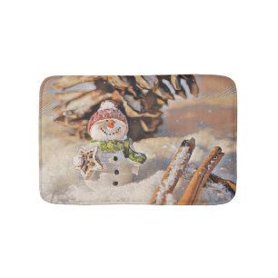 Vintage Drawing of a Snowman in the snow Bath Mat