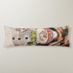 Vintage Drawing of a Snowman in the snow  Body Cushion