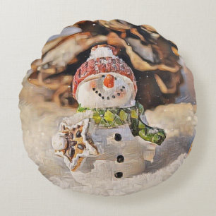 Vintage Drawing of a Snowman in the snow  Round Cushion