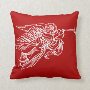 Vintage drawing of angel on red Christmas pillow
