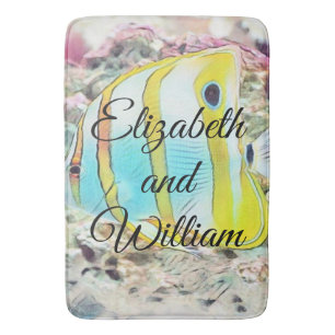 Vintage Drawing of Blue Yellow Fish in Sea  Bath Mat