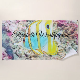 Vintage Drawing of Blue Yellow Fish in Sea Beach Towel