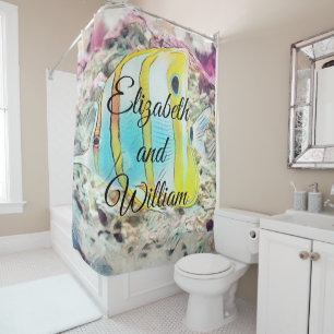 Vintage Drawing of Blue Yellow Fish in Sea Shower Curtain