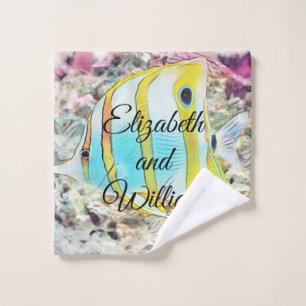 Vintage Drawing of Blue Yellow Fish in Sea  Wash Cloth