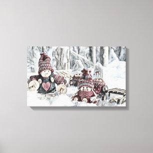 Vintage Drawing of Gnomes in the Snow  Canvas Print