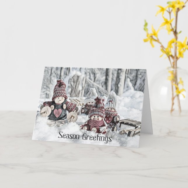 Vintage Drawing of Gnomes in the Snow  Card (Yellow Flower)