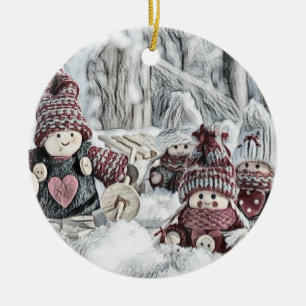Vintage Drawing of Gnomes in the Snow Ceramic Tree Decoration