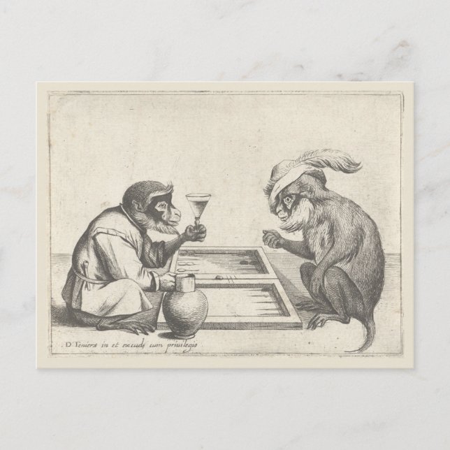 Vintage drawing of monkeys playing backgammon postcard (Front)