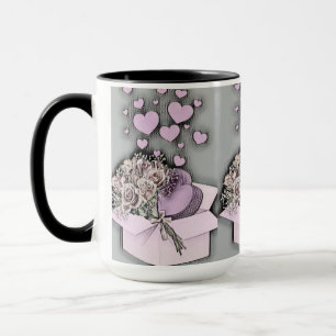 Vintage Drawing of Pink Hearts and Roses in Box  Mug
