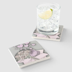 Vintage Drawing of Pink Hearts and Roses in Box  Stone Coaster