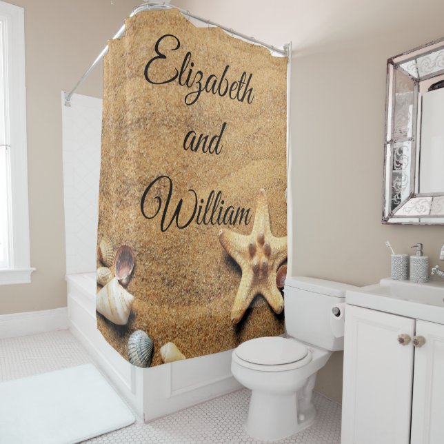 Vintage Drawing of Seashells on Sand Shower Curtain (In Situ)