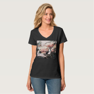 Vintage Drawing Pink and Grey Roses Butterfly T-Shirt