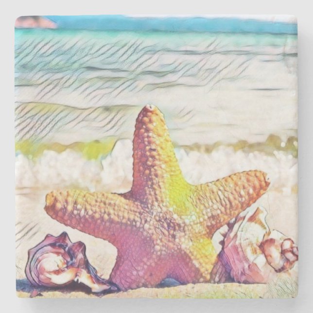 Vintage Drawing Pink Yellow Star Seashells  Stone Coaster (Front)