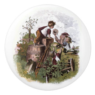 Vintage Drawing: Playing Children Ceramic Knob