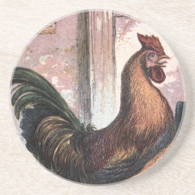 Vintage Drawing: Rooster and Hen Coaster (Front)