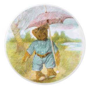 Vintage Drawing: Teddy Bear in the Rain Ceramic Knob