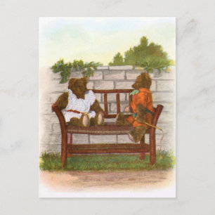 Vintage Drawing: Teddy Bears on a Bench Postcard