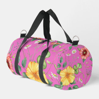 Vintage Drawing Wildflowers / Chick, Pink Duffle Bag