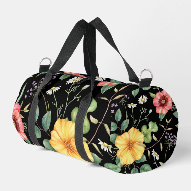 Vintage Drawing Wildflowers / Midnight Duffle Bag (Left Corner)