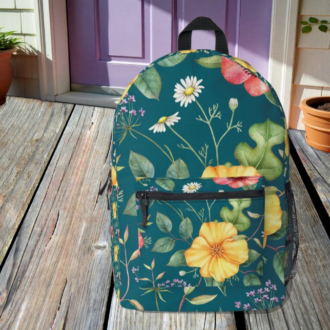 Vintage Drawing Wildflowers /Teal, Nature Backpack (Creator Uploaded)