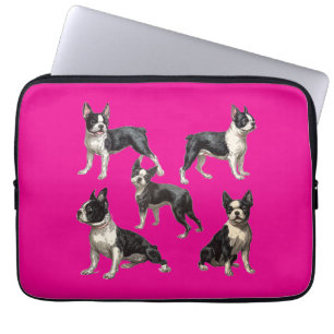 Vintage Drawings of Boston Terrier on Hot Pink Laptop Sleeve