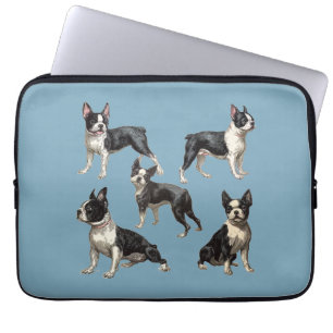Vintage Drawings of Boston Terriers on Teal Blue  Laptop Sleeve